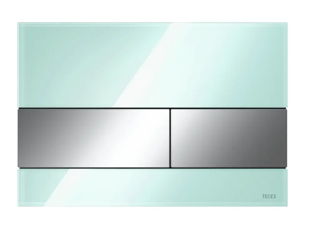 Wandmontierte WC-Betätigungsplatte in mintgrünem Glas mit zwei Drucktasten in glänzendem Chrom, präsentiert von TECE.